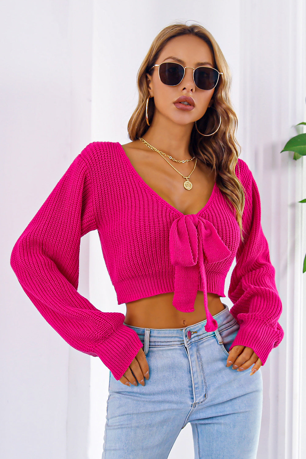 Hot pink acrylic tie-front balloon sleeve crop knit sweater with V-neck