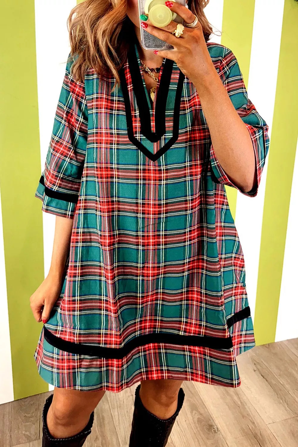 Plaid Velvet Trim Short Shift Dress in Plaid, front view
