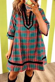Plaid Velvet Trim Short Shift Dress in Plaid, front view