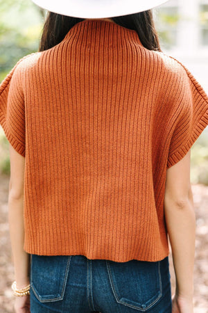 Caramel ribbed knit mock neck sleeveless top with short sleeves.