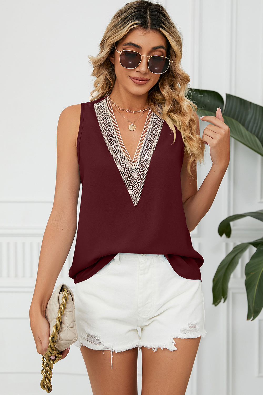 Burgundy V-neck tank top with lace trim detail