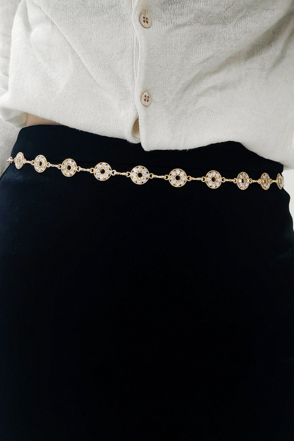 Gold celestial chainmail waist belt with circular crystal accents