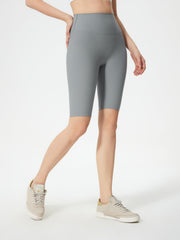 Gray ribbed contour cycling shorts with a high waist and mid-thigh length.
