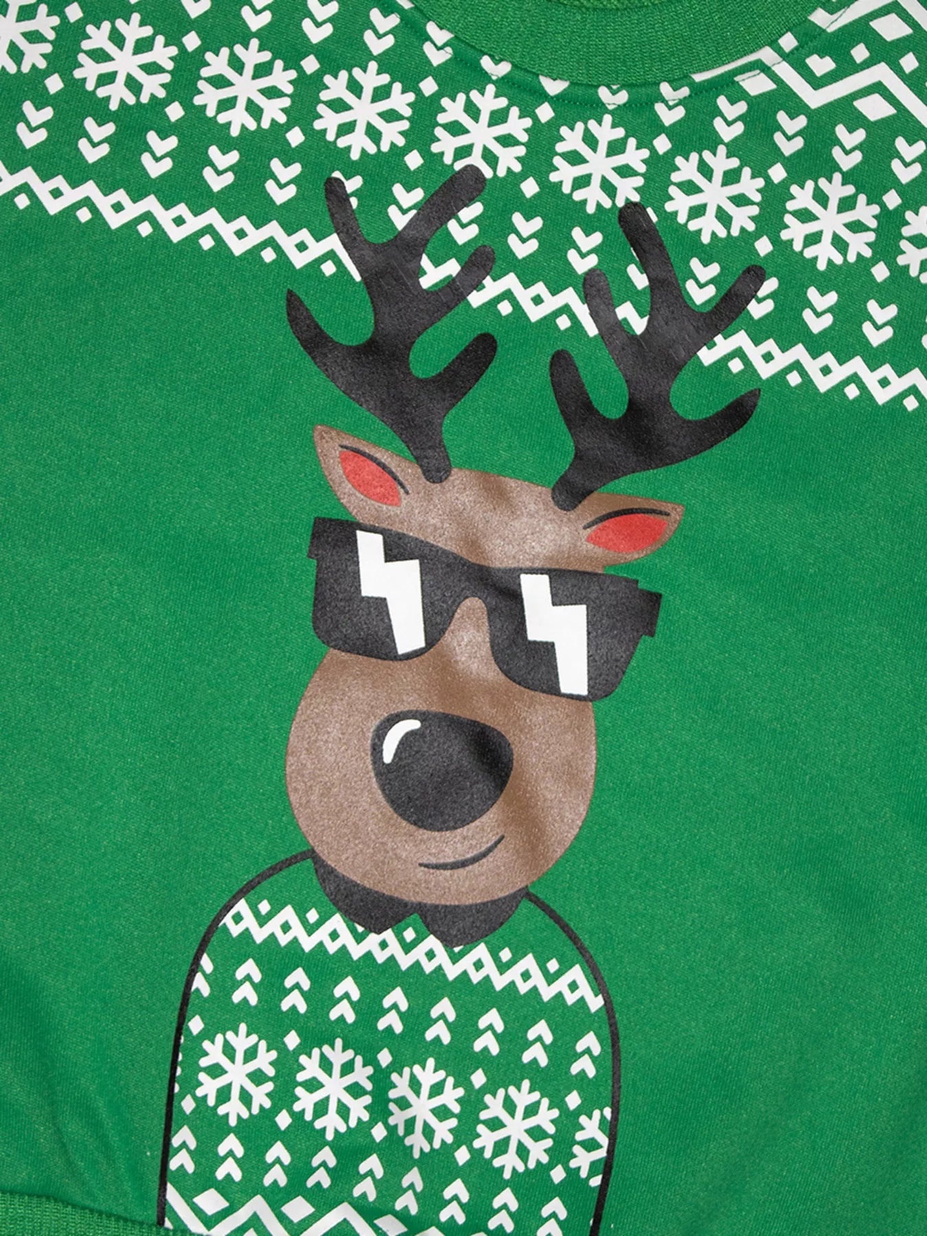 Green baby sweatshirt with a cool reindeer graphic wearing sunglasses and a festive sweater.