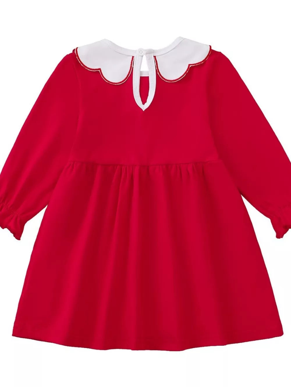 Red baby dress with white scalloped collar and long sleeves.