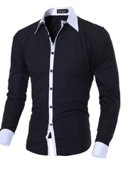 Men's black long sleeve slim fit shirt with white collar, cuffs, and button placket.