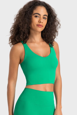Green sculpted scoop neck crop top with a smooth finish.