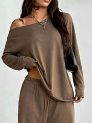 Loose Fit One-shoulder T-shirt And Pants Set Plus Size in Black, view 17
