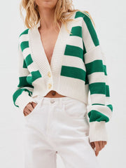 Cropped stripe knit cardigan in dark green and white with button front and V-neck.