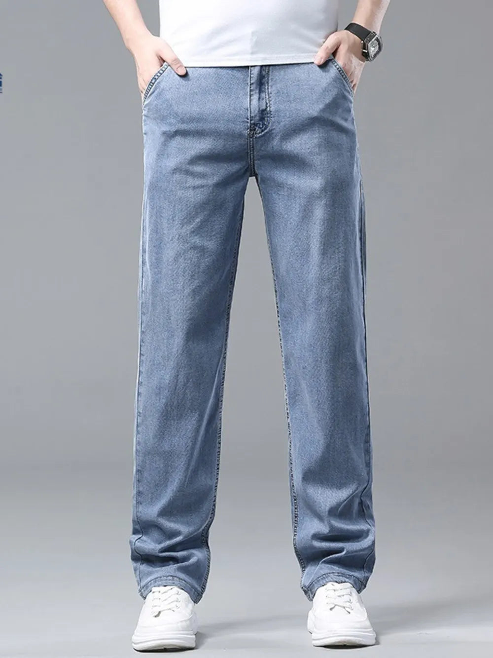 Relaxed fit light blue washed sweatpants with a comfortable casual style.
