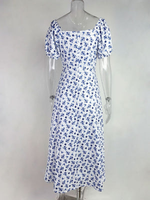 White floral print midi dress with puff sleeves and square neckline