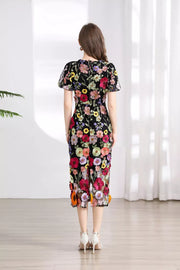 Embroidered Floral Puff Sleeve Midi Dress