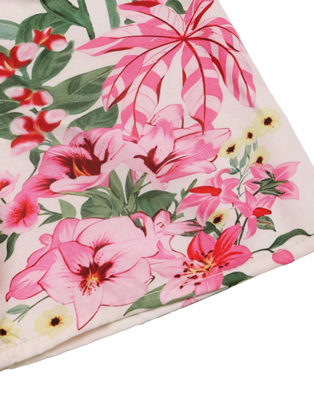 Charming floral v-neck midi dress with pink lilies and tropical leaves pattern