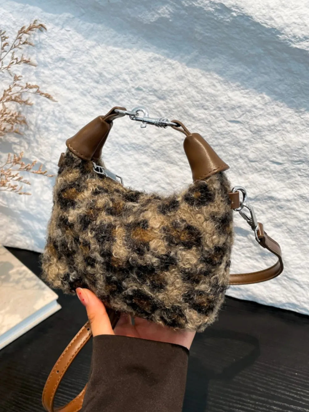 Shearling check mini shoulder bag with brown leather trim and silver hardware.