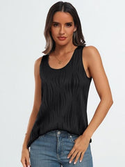 Black textured wave tank top with scoop neck, casual fit