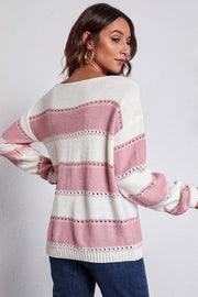 Blush pink and white striped knit sweater with perforated details and off-shoulder neckline.