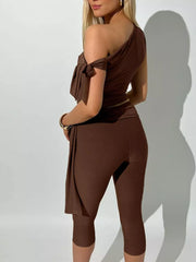 Brown one-shoulder tie top with capri leggings set.