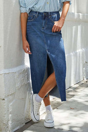 Slit-front raw-hem denim midi skirt in light blue with a buttoned waist.