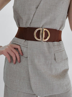 Brown elastic waist belt with double D gold buckle