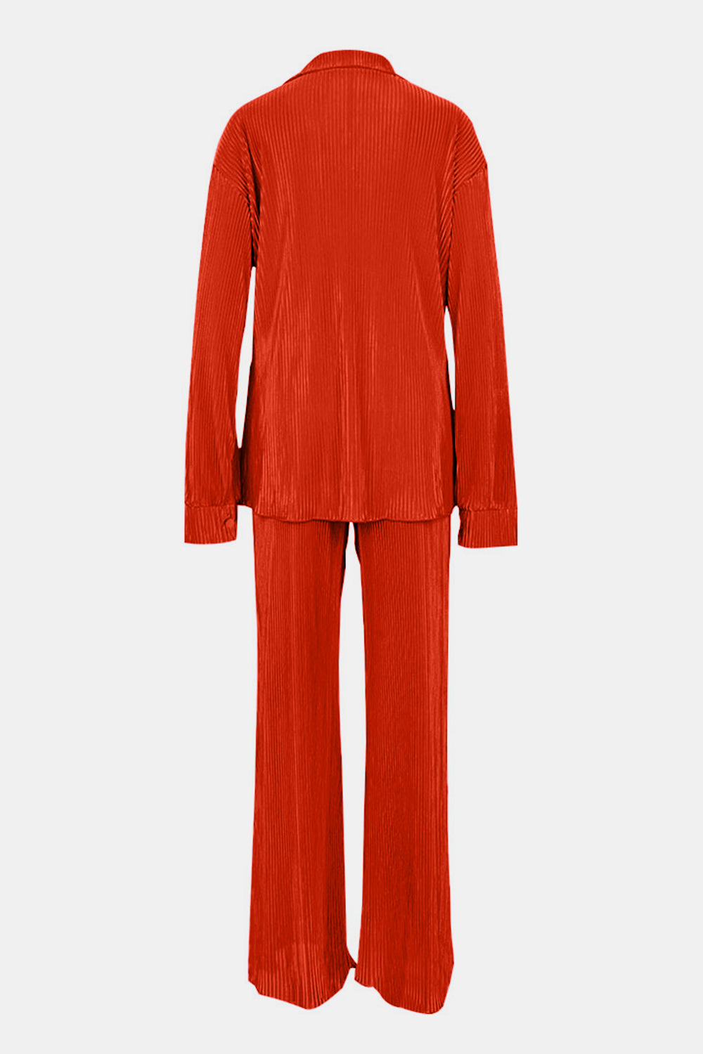 Orange-red pleated shirt and wide-leg trouser set with long sleeves and collared neckline.