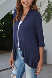 Navy asymmetrical ruffle hem cardigan with 3/4 sleeves and open front.