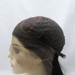 Black lace front wig cap with adjustable straps and mesh construction.