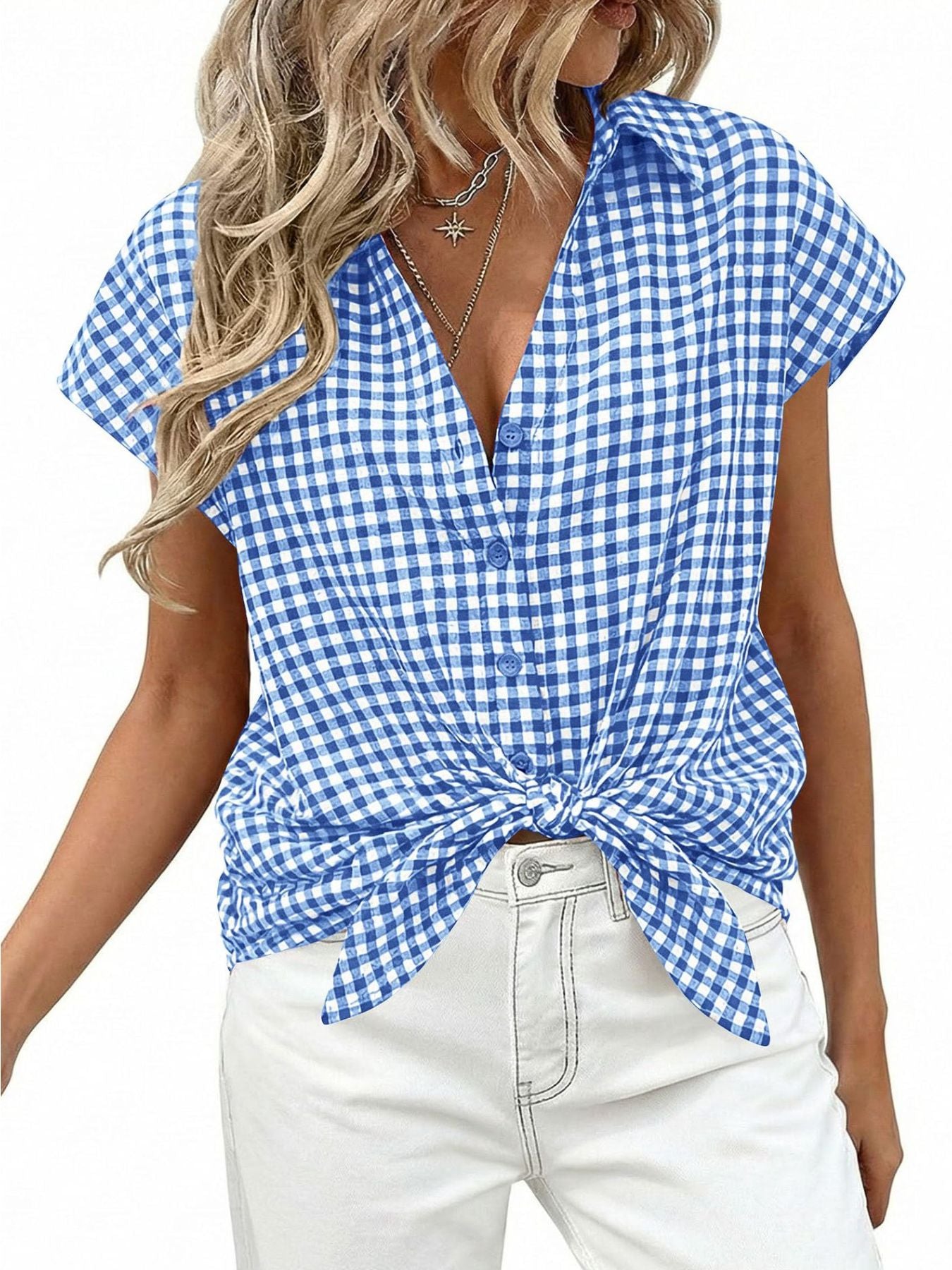 Sky blue gingham print tied button-down shirt with short sleeves and a V-neck.
