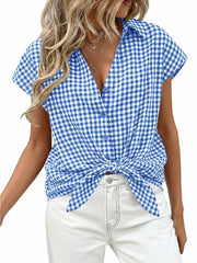 Sky blue gingham print tied button-down shirt with short sleeves and a V-neck.