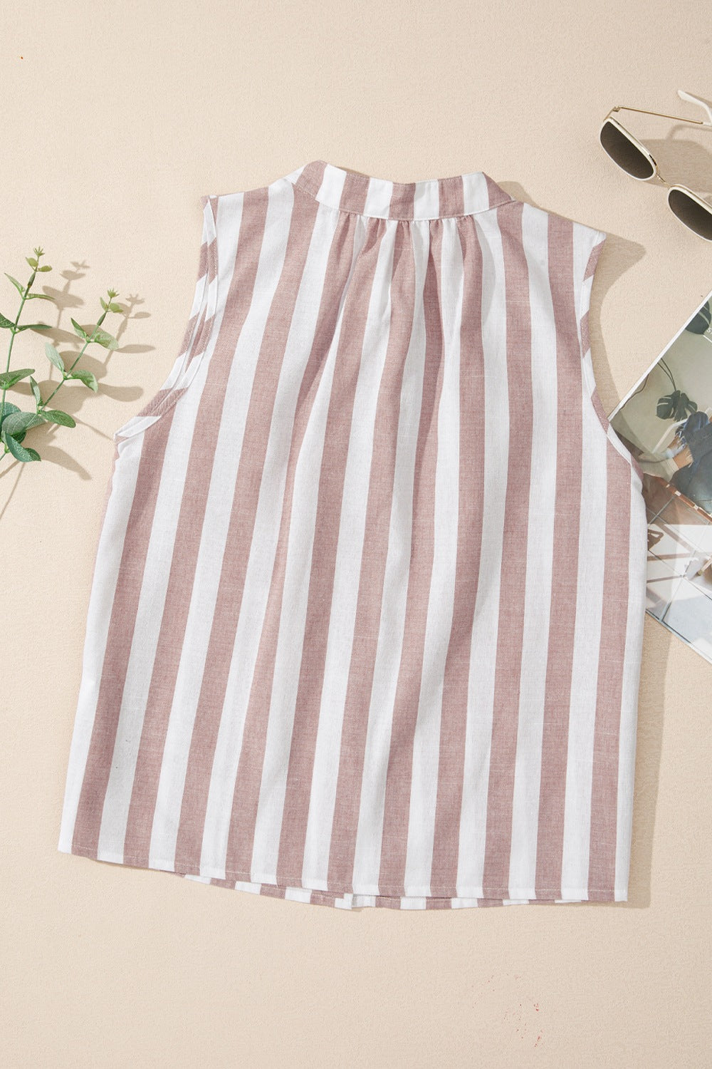 Sleeveless striped blouse with gathered collar detail