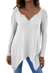 White ribbed knit tunic with v-neck and asymmetric hem