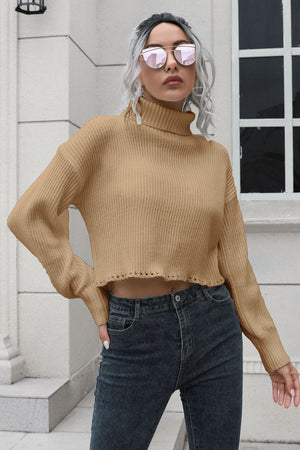 Camel ribbed turtleneck sweater with scalloped hem and long sleeves
