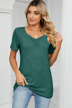 Dark Green Ruched V-Neck Jersey Tee with short sleeves and a relaxed fit.
