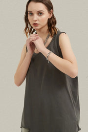 Dark gray raw edge scoop neck tank top with a relaxed fit.