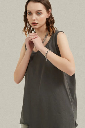Dark gray raw edge scoop neck tank top with a relaxed fit.