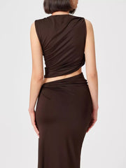 Asymmetrical Ruched Knit Top And Skirt Set in Yellow Green, back view