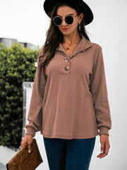 Button Chic Long Sleeve Tee in Dusty Pink with a collared neckline and button detail