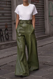Moss wide-leg leather pants with buckle belt and high waist