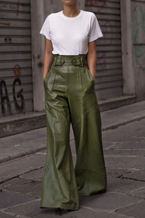 Moss wide-leg leather pants with buckle belt and high waist