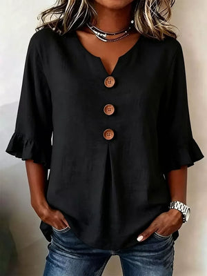 Casual Ruffle-sleeve Decor-button Top Plus Size in Burgundy, close-up detail