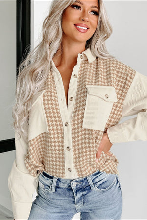 Houndstooth corduroy patchwork shacket in beige with button-up front and chest pockets.