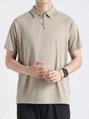 Khaki cotton blend polo shirt with two-button placket and short sleeves.