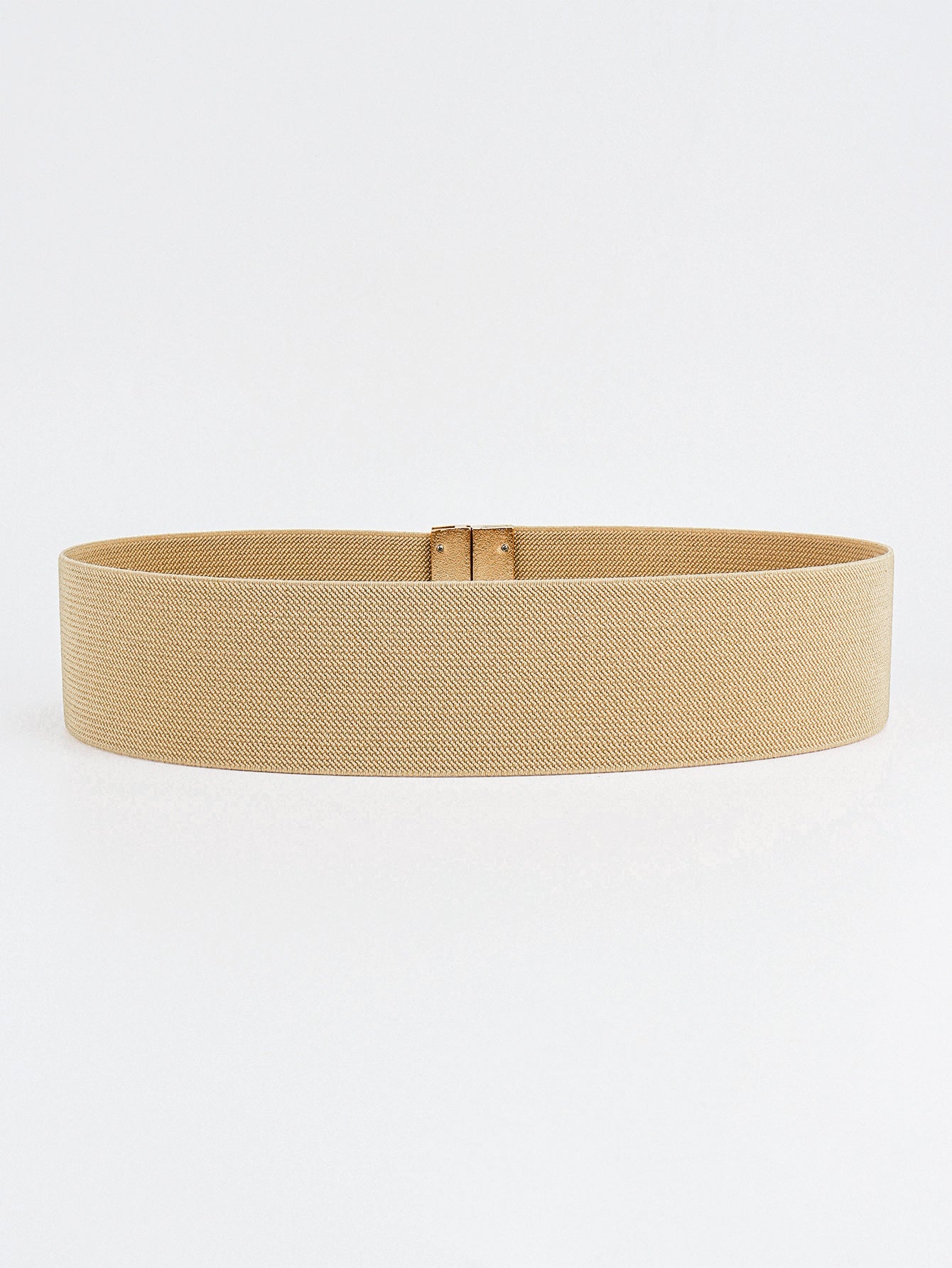 Tan elastic belt with a gold clasp closure.