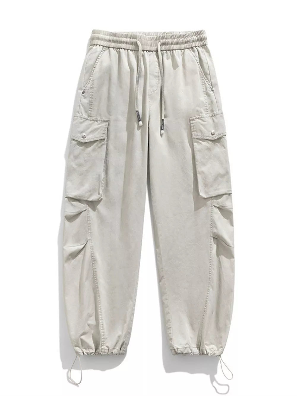 Men's Paris Gray drawstring cargo pants with multiple pockets and adjustable cuffs.