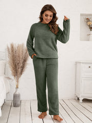 Plush loungewear set in matcha green with raglan sleeves and relaxed fit pants.