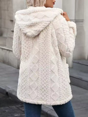 Plush hooded fleece trench coat in cream with diamond knit texture and a cozy feel.