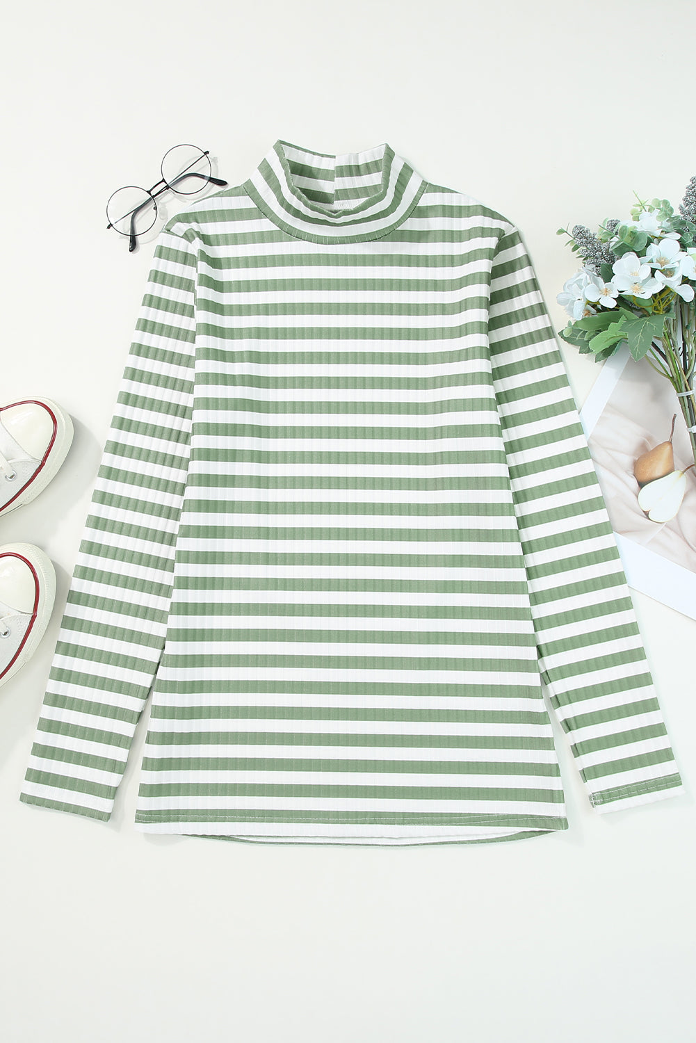 Ribbed stripe slim-fit turtleneck sweater in sage with a mock neck and long sleeves.