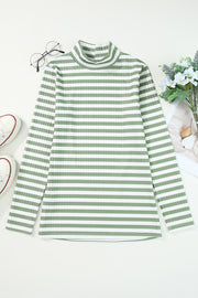 Ribbed stripe slim-fit turtleneck sweater in sage with a mock neck and long sleeves.