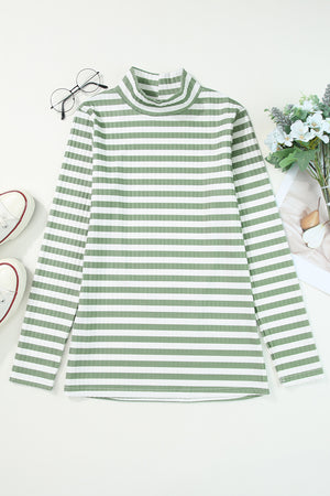 Ribbed stripe slim-fit turtleneck sweater in sage with a mock neck and long sleeves.
