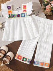 Children's Crochet Trimmed Top And Pants Set in White, side view