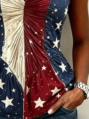 American Flag Print V-neck Sleeveless Tank Plus Size in Red, close-up detail